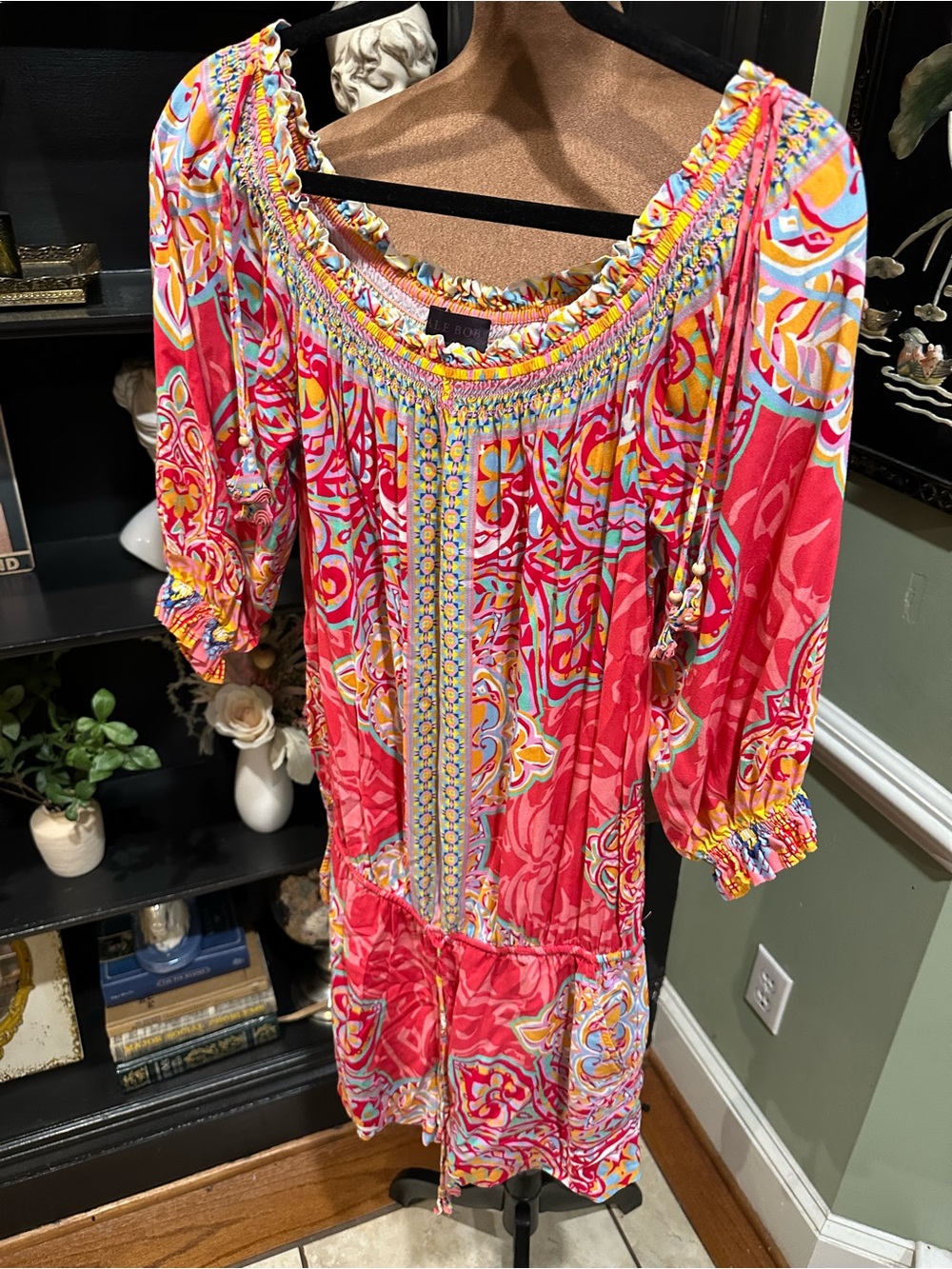Hale Bob Red Floral Cottagecore Boho Romper – Off/On‑Shoulder – Very Stretchy